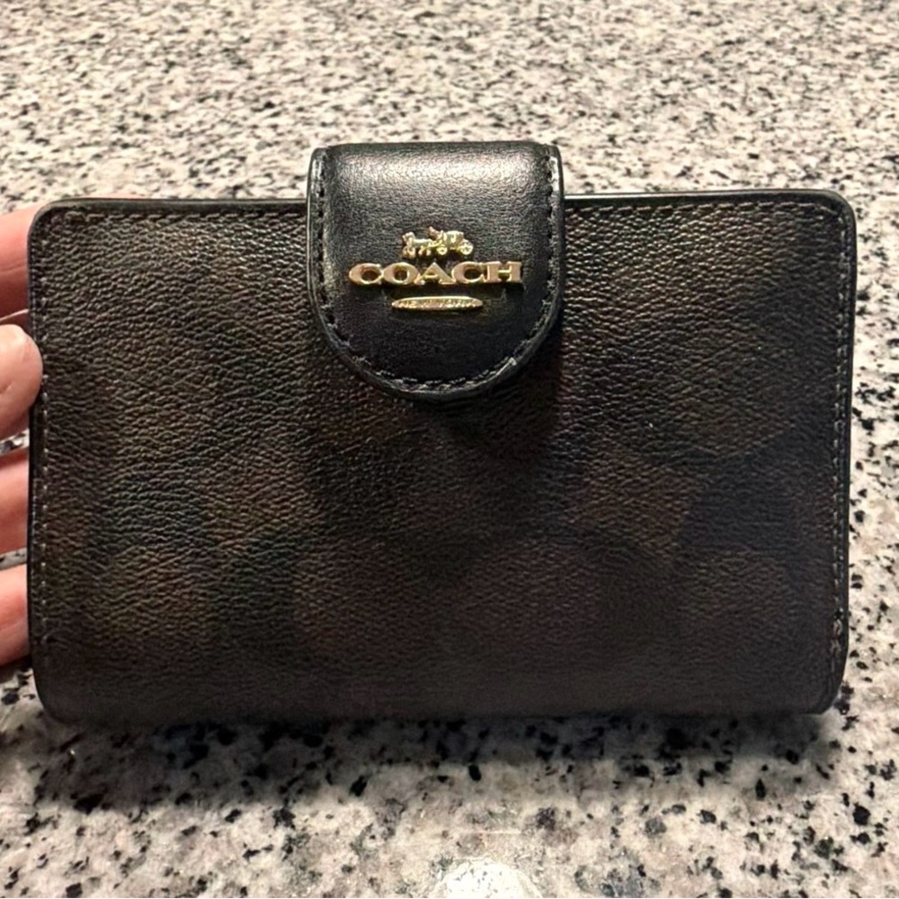 Coach Dark Brown Black signature C Wallet with Gold Logo zipper pouch - LIKE NEW